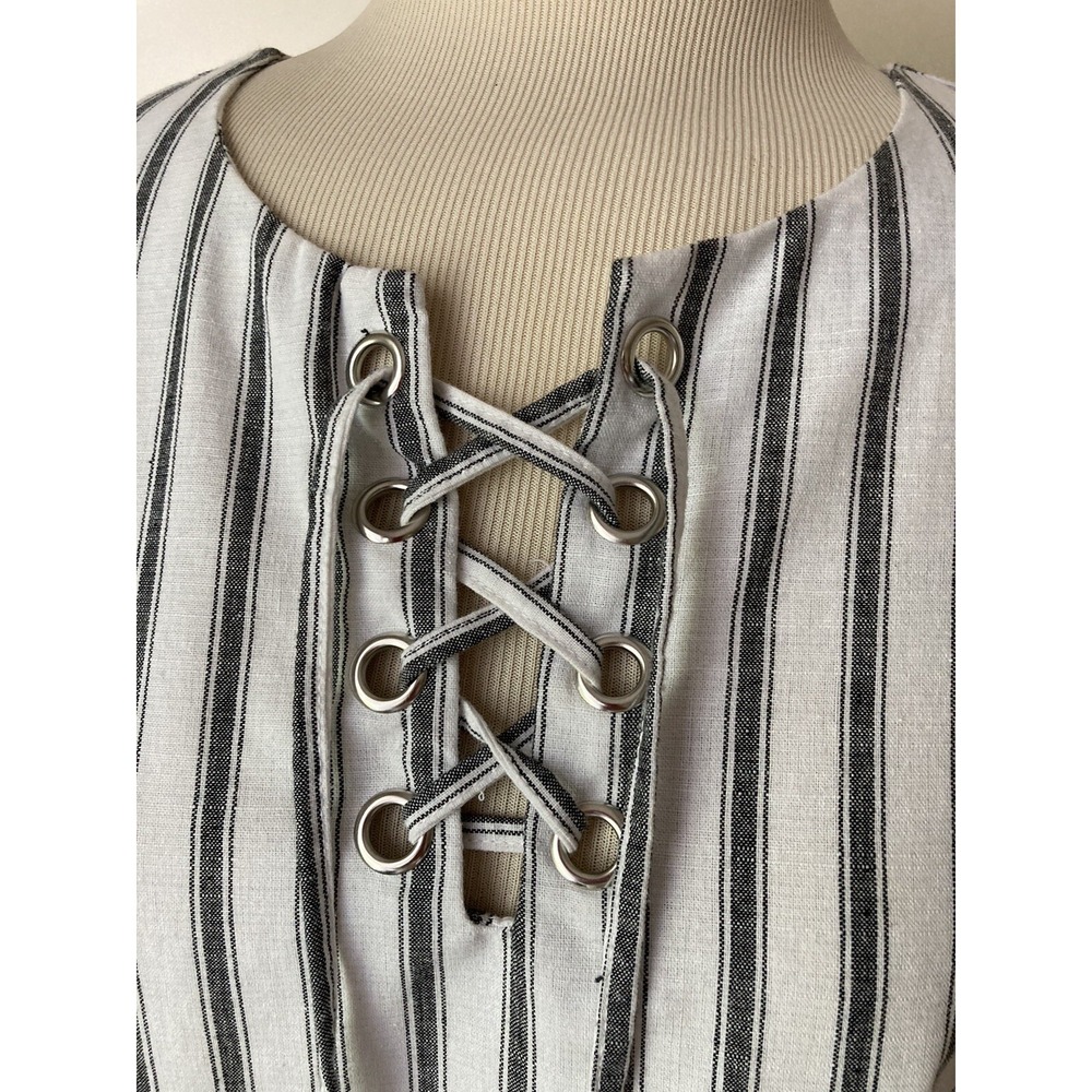 Cottagecore Love Tree Dress Sz LWhite With Black Strips Short Sleeve Coastal - Picture 2 of 12